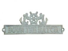 Antique Bronze Cast Iron Down the Hatch Sign with Ship Wheel and Anchors 9