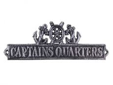 Antique Silver Cast Iron Captains Quarters Sign with Ship Wheel and Anchors 9\