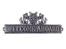 Antique Silver Cast Iron Welcome Aboard Sign with Ship Wheel and Anchors 9