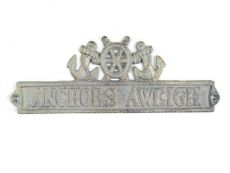 Antique Bronze Cast Iron Anchors Aweigh Sign with Ship Wheel and Anchors 9