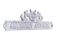 Whitewashed Cast Iron Anchors Aweigh Sign with Ship Wheel and Anchors 9