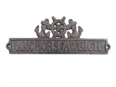 Cast Iron Anchors Aweigh Sign with Ship Wheel and Anchors 9
