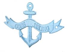  Dark Blue Whitewashed Cast Iron Gone Sailing Anchor Sign 8
