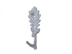 Whitewashed Cast Iron Oak Tree Leaf with Acorns Decorative Metal Tree Branch Hook 6.5