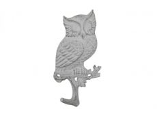 Whitewashed Cast Iron Owl Sitting on a Tree Branch Decorative Metal Wall Hook 6.5