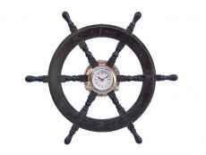 Deluxe Class Wood and Chrome Pirate Ship Wheel Clock 24\