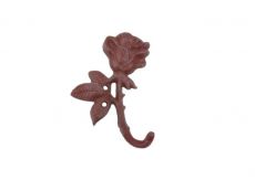 Rustic Red Whitewashed Cast Iron Long Stem Rose Decorative Metal Wall Hook 5.5