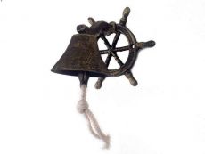 Antique Gold Cast Iron Hanging Ship Wheel Bell 7