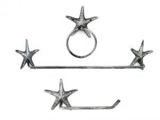 Antique Silver Cast Iron Starfish Bathroom Set of 3 - Large Bath Towel Holder and Towel Ring and Toilet Paper Holder