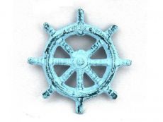 Dark Blue Whitewashed Cast Iron Ship Wheel Bottle Opener 3.75\