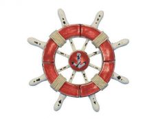 Rustic Red and White Decorative Ship Wheel With Anchor 6
