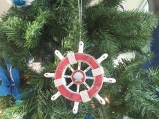 Rustic Red and White Decorative Ship Wheel With Seashell Christmas Tree Ornament  6\