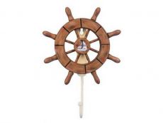 Rustic Wood Finish Decorative Ship Wheel with Sailboat and Hook 8