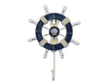 Rustic Dark Blue and White Decorative Ship Wheel with Seashell and Hook 8