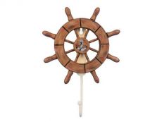 Rustic Wood Finish Decorative Ship Wheel with Anchor and Hook 8