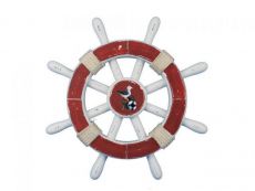 Rustic Red And White Decorative Ship Wheel With Seagull 12