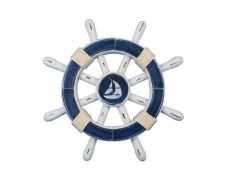 Rustic Dark Blue And White Decorative Ship Wheel With Sailboat 12