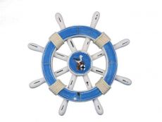 Rustic Light Blue And White Decorative Ship Wheel With Seagull 12