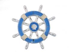 Rustic Light Blue And White Decorative Ship Wheel With Seashell 12