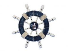 Rustic Dark Blue and White Decorative Ship Wheel With Seagull 6