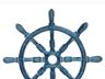 Rustic Dark Blue Whitewashed Cast Iron Ship Wheel with Hooks 8 - 1