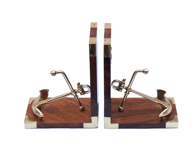 Solid Brass and Wood Anchor Book Ends
