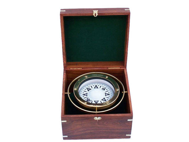 Antique Brass Gimbal Compass w- Rosewood Box 9
