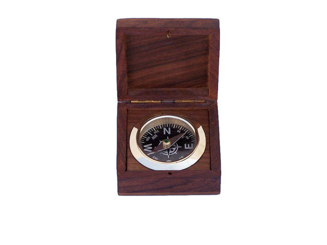 Solid Brass Black Desk Compass w- Rosewood Box 3
