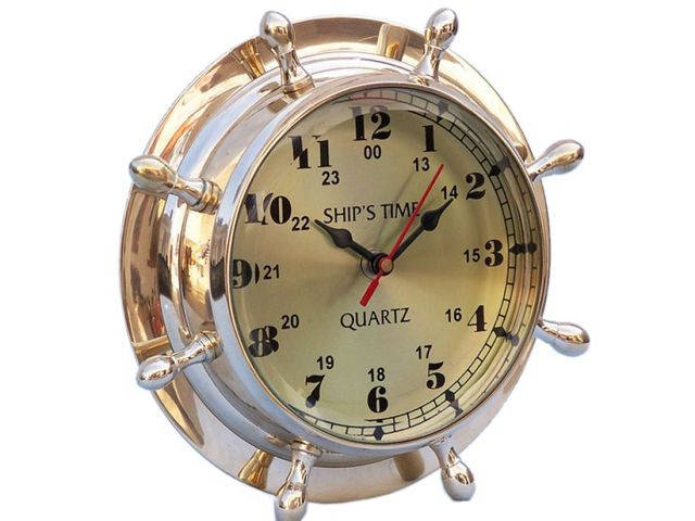 Brass Double Dial Porthole Wheel Clock 8