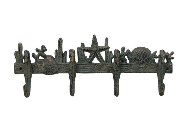 Antique Seaworn Bronze Cast Iron Wall Mounted Starfish with Seahorse Hooks 12