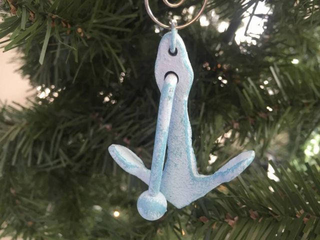 Dark Blue Whitewashed Cast Iron Anchor Christmas Ornament 4 