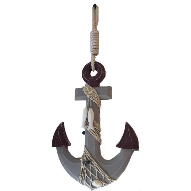 Wooden Rustic Decorative Anchor w- Hook Rope and Shells 13