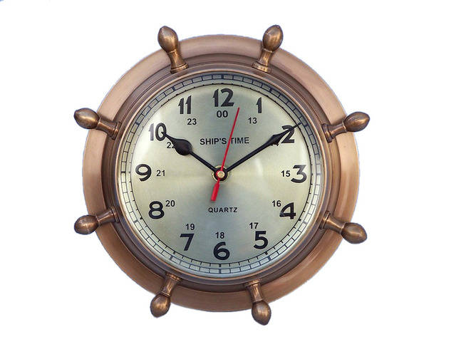 Antique Brass Double Dial Porthole Wheel Clock 8