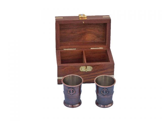 Antique Copper Anchor Shot Glasses With Rosewood Box 4 - Set of 2
