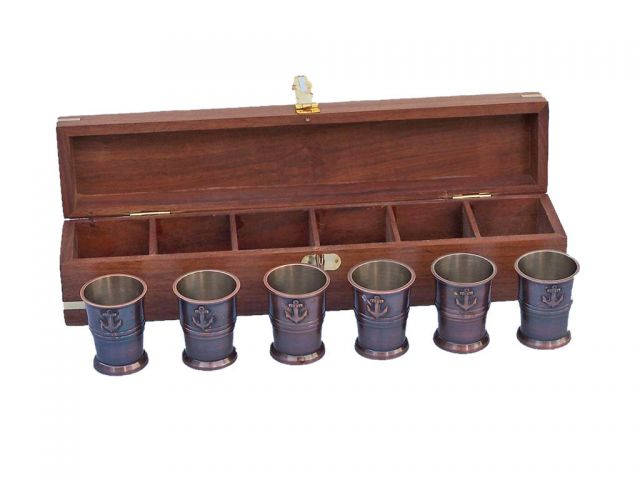 Antique Copper Anchor Shot Glasses With Rosewood Box 12 - Set of 6