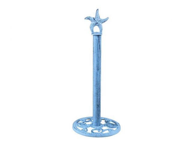 Rustic Dark Blue Whitewashed Cast Iron Starfish Extra Toilet Paper Stand 15