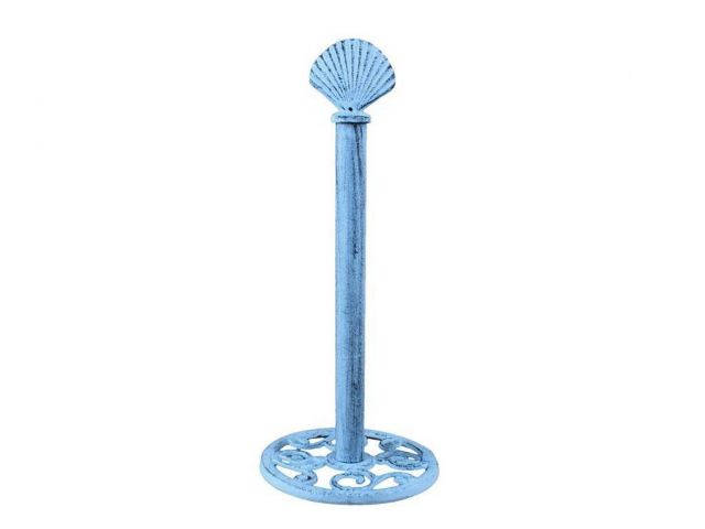 Rustic Dark Blue Whitewashed Cast Iron Seashell Extra Toilet Paper Stand 16