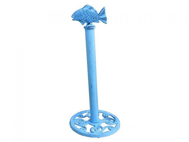 Dark Blue Whitewashed Cast Iron Fish Extra Toilet Paper Stand 15