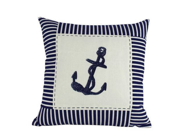 Blue Anchor Nautical Stripes Decorative Throw Pillow 16