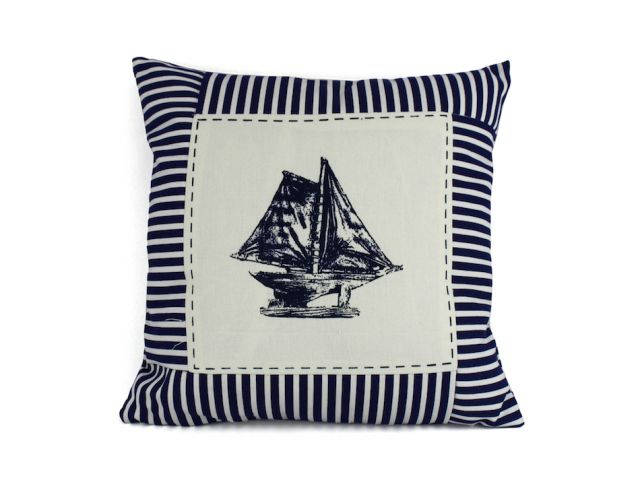 Blue Sloop Nautical Stripes Decorative Throw Pillow 16