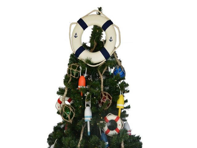 White Anchor Lifering with Blue Bands Christmas Tree Topper Decoration 
