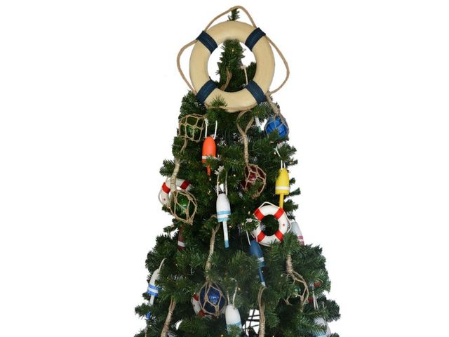 Vintage White Lifering with Blue Rope Christmas Tree Topper Decoration 