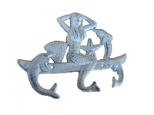 Whitewashed Cast Iron Wall Mounted Mermaid with Dolphin Hooks 9