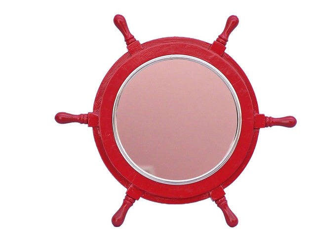 Deluxe Class Red Wood and Chrome Ship Wheel Mirror 16