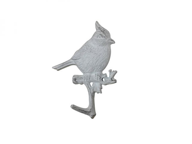 Whitewashed Cast Iron Baltimore Oriole Sitting on a Tree Branch Decorative Metal Wall Hook 6.5