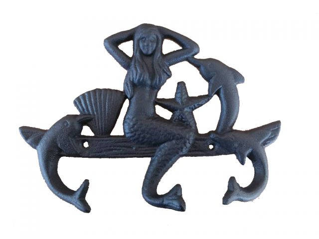 Rustic Black Cast Iron Wall Mounted Mermaid with Dolphin Hooks 9