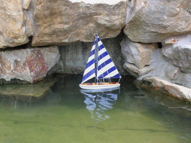 Wooden It Floats 12 - Rustic Blue Striped Floating Sailboat Model