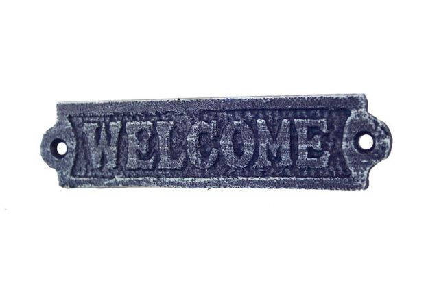 Rustic Dark Blue Whitewashed Cast Iron Welcome Sign 6