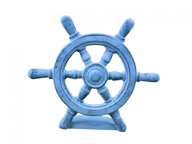 Dark Blue Whitewashed Cast Iron Ship Wheel Door Stopper 9