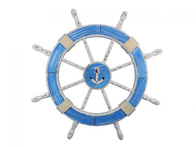 Wooden Rustic Light Blue and White Decorative Ship Wheel With Anchor 30